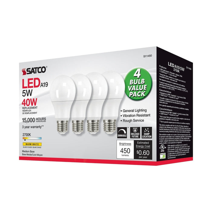 SATCO 5 Watt A19 LED - 2700K - Dimmable - Medium base - 230 deg. Beam Angle - 4-pack S11450