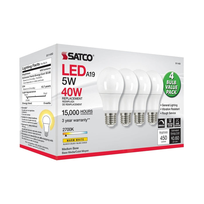 SATCO 5 Watt A19 LED - 2700K - Dimmable - Medium base - 230 deg. Beam Angle - 4-pack S11450