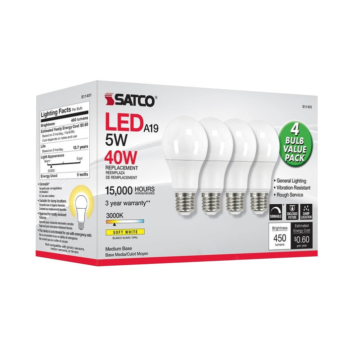 SATCO 5 Watt A19 LED - 3000K - Dimmable - Medium base - 230 deg. Beam Angle - 4-pack S11451