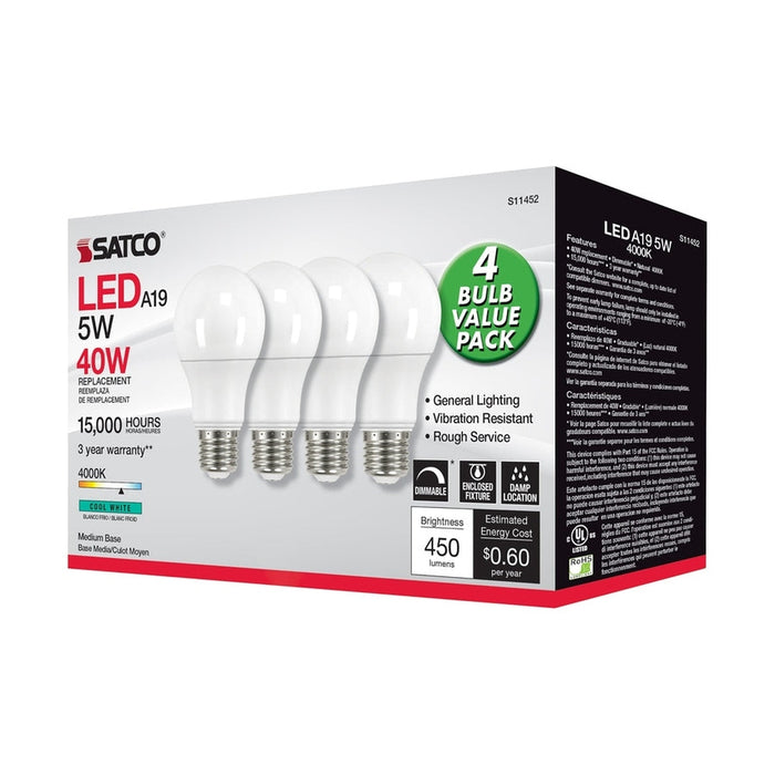 SATCO 5 Watt A19 LED - 4000K - Dimmable - Medium base - 230 deg. Beam Angle - 4-pack S11452