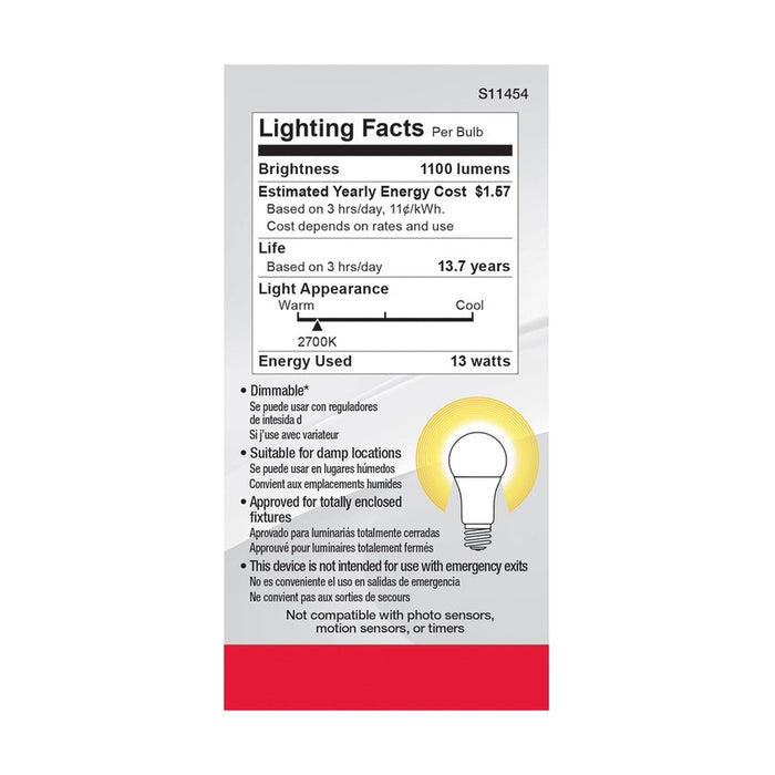 SATCO 13 Watt A19 LED - 2700K - Dimmable - Medium base - 230 deg. Beam Angle - 4-pack S11454