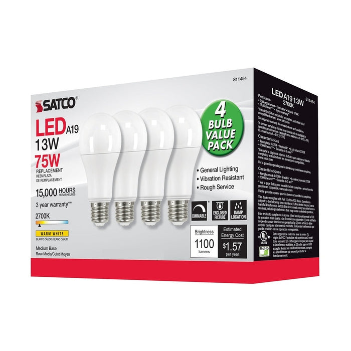 SATCO 13 Watt A19 LED - 2700K - Dimmable - Medium base - 230 deg. Beam Angle - 4-pack S11454