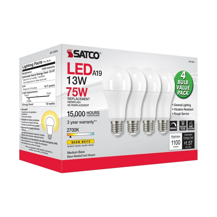 SATCO 13 Watt A19 LED - 2700K - Dimmable - Medium base - 230 deg. Beam Angle - 4-pack S11454