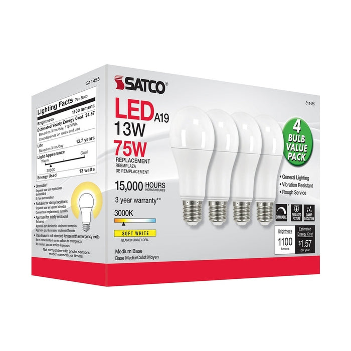 SATCO 13 Watt A19 LED - 3000K - Dimmable - Medium base - 230 deg. Beam Angle - 4-pack S11455