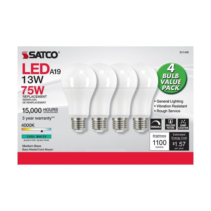 SATCO 13 Watt A19 LED - 4000K - Dimmable - Medium base - 230 deg. Beam Angle - 4-pack S11456