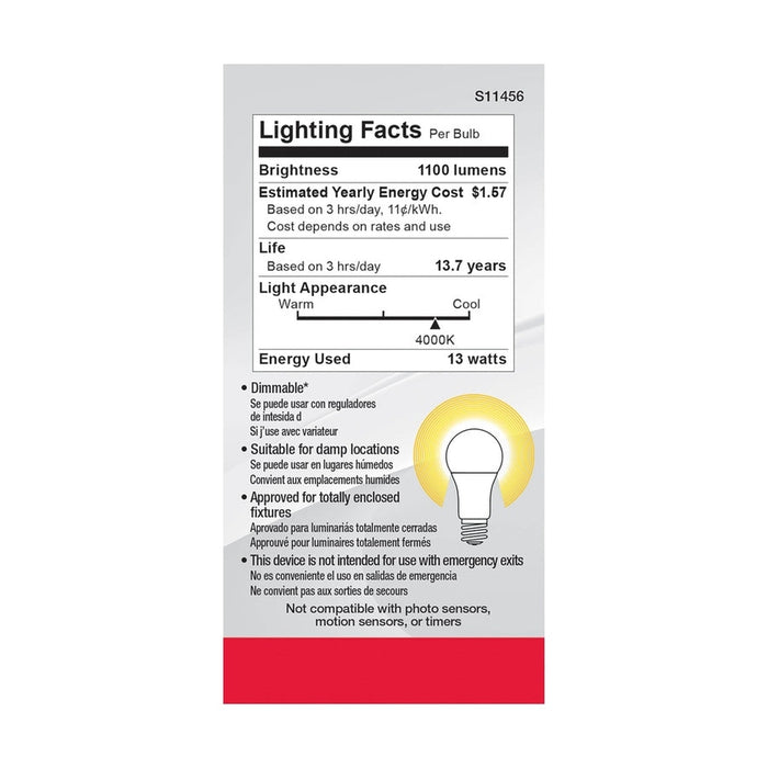 SATCO 13 Watt A19 LED - 4000K - Dimmable - Medium base - 230 deg. Beam Angle - 4-pack S11456