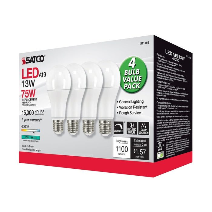 SATCO 13 Watt A19 LED - 4000K - Dimmable - Medium base - 230 deg. Beam Angle - 4-pack S11456