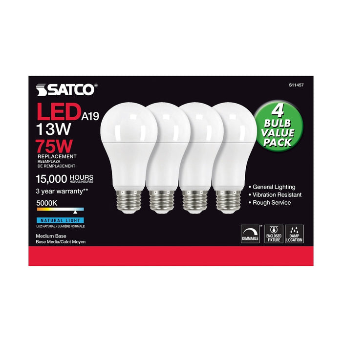 SATCO 13 Watt A19 LED - 5000K - Dimmable - Medium base - 230 deg. Beam Angle - 4-pack S11457