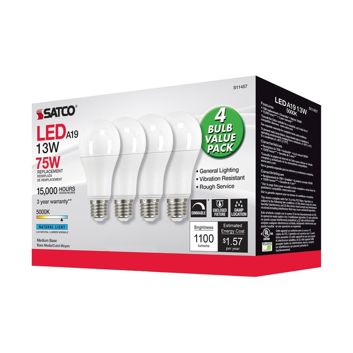 SATCO 13 Watt A19 LED - 5000K - Dimmable - Medium base - 230 deg. Beam Angle - 4-pack S11457