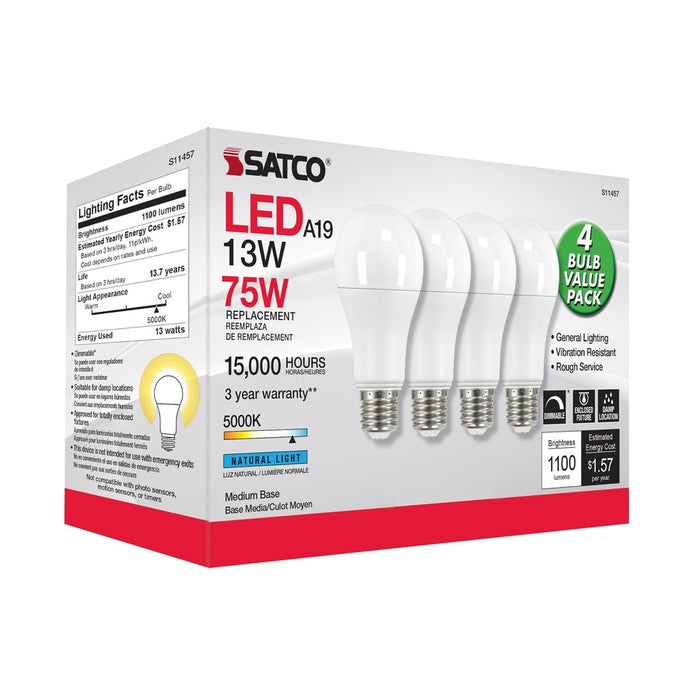 SATCO 13 Watt A19 LED - 5000K - Dimmable - Medium base - 230 deg. Beam Angle - 4-pack S11457