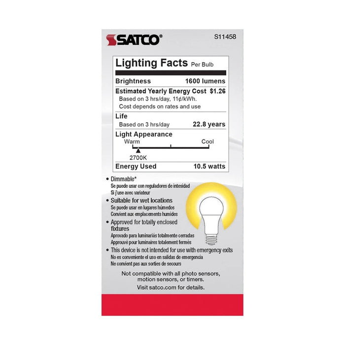 SATCO 10.5 Watt - A19 LED - Dimmable Agriculture Bulb - 2700K - 120 Volt S11458