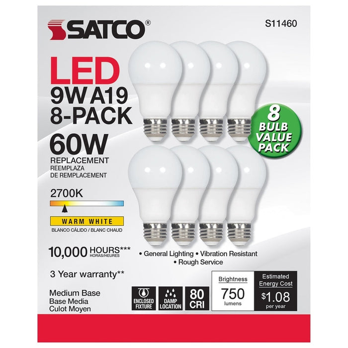 SATCO 9 Watt A19 LED - 2700K - Non-Dimmable - E26 - 80 CRI - 8-pack S11460