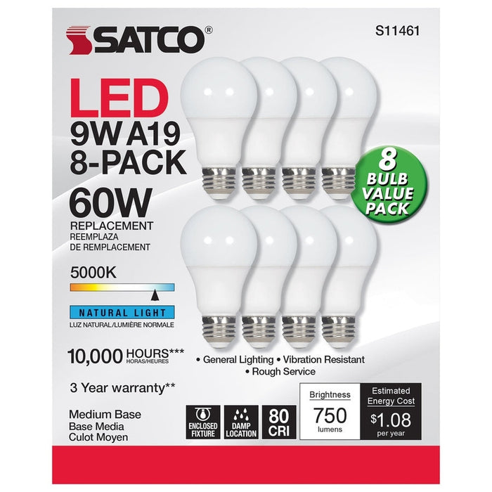 SATCO 9 Watt A19 LED - 5000K - Non-Dimmable - E26 - 80 CRI - 8-pack S11461