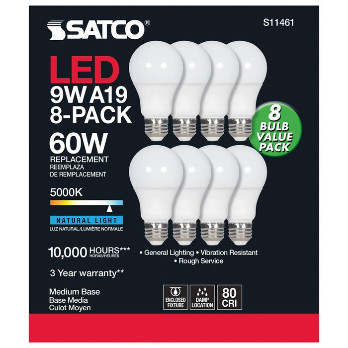 SATCO 9 Watt A19 LED - 5000K - Non-Dimmable - E26 - 80 CRI - 8-pack S11461