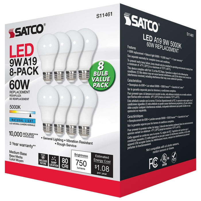 SATCO 9 Watt A19 LED - 5000K - Non-Dimmable - E26 - 80 CRI - 8-pack S11461