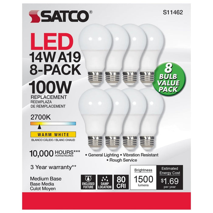 SATCO 14 Watt A19 LED - 2700K - Non-Dimmable - E26 - 80 CRI - 8-pack S11462