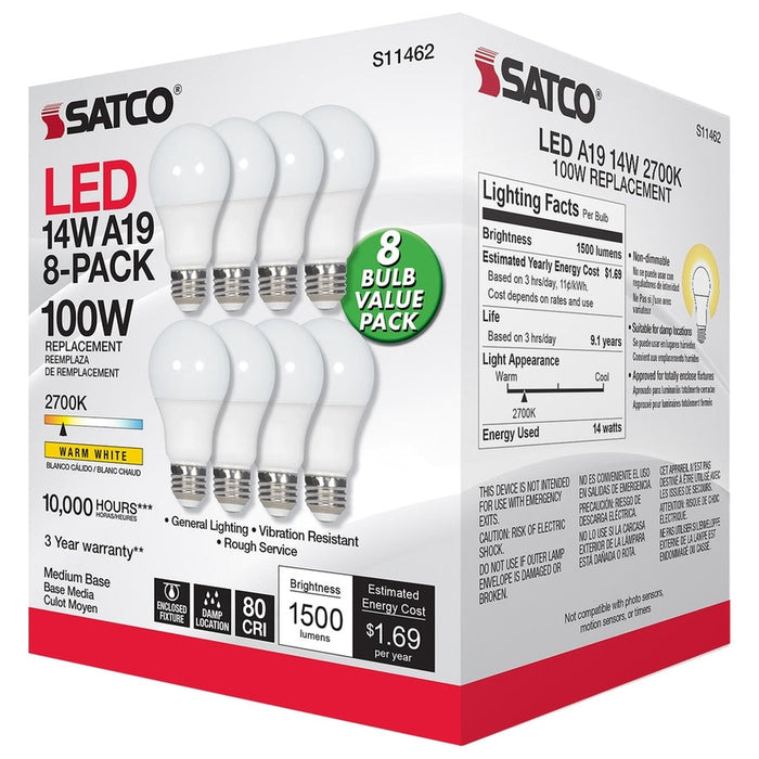 SATCO 14 Watt A19 LED - 2700K - Non-Dimmable - E26 - 80 CRI - 8-pack S11462