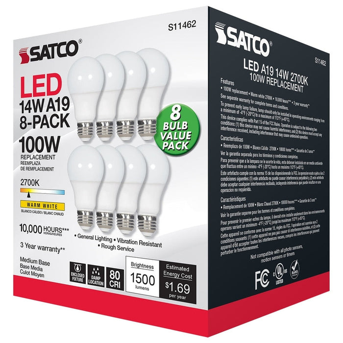 SATCO 14 Watt A19 LED - 2700K - Non-Dimmable - E26 - 80 CRI - 8-pack S11462