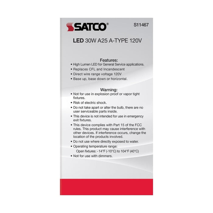 SATCO 30 Watt - LED - A25 - 5000K - Medium Base - Non Dimmable - 120 Volt S11467