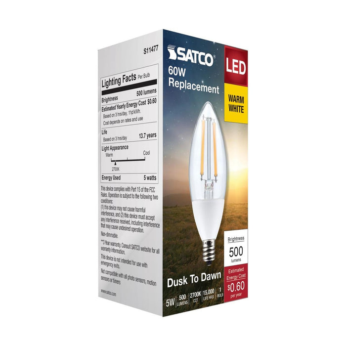 5 Watt B11 - Dusk to Dawn LED - 2700K - Candelabra Base - 120 Volt - 90 CRI - With Photocell - 12-Pack