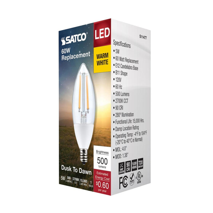 5 Watt B11 - Dusk to Dawn LED - 2700K - Candelabra Base - 120 Volt - 90 CRI - With Photocell - 12-Pack