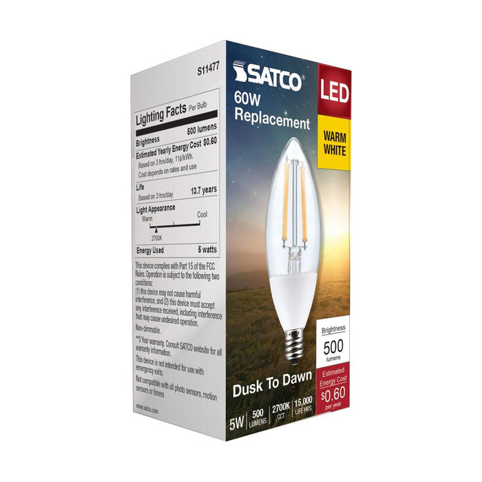 5 Watt B11 - Dusk to Dawn LED - 2700K - Candelabra Base - 120 Volt - 90 CRI - With Photocell - 12-Pack