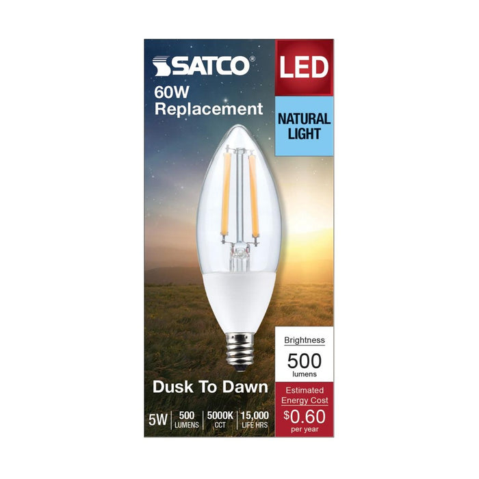 5 Watt B11 - Dusk to Dawn LED - 5000K - Candelabra Base - 120 Volt - 90 CRI - With Photocell - 12-Pack