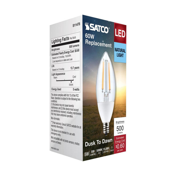 5 Watt B11 - Dusk to Dawn LED - 5000K - Candelabra Base - 120 Volt - 90 CRI - With Photocell - 12-Pack