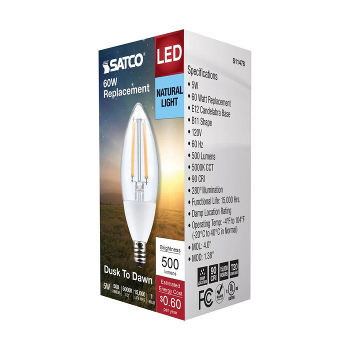 5 Watt B11 - Dusk to Dawn LED - 5000K - Candelabra Base - 120 Volt - 90 CRI - With Photocell - 12-Pack