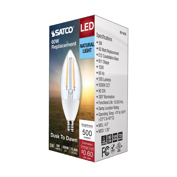 5 Watt B11 - Dusk to Dawn LED - 5000K - Candelabra Base - 120 Volt - 90 CRI - With Photocell - 12-Pack
