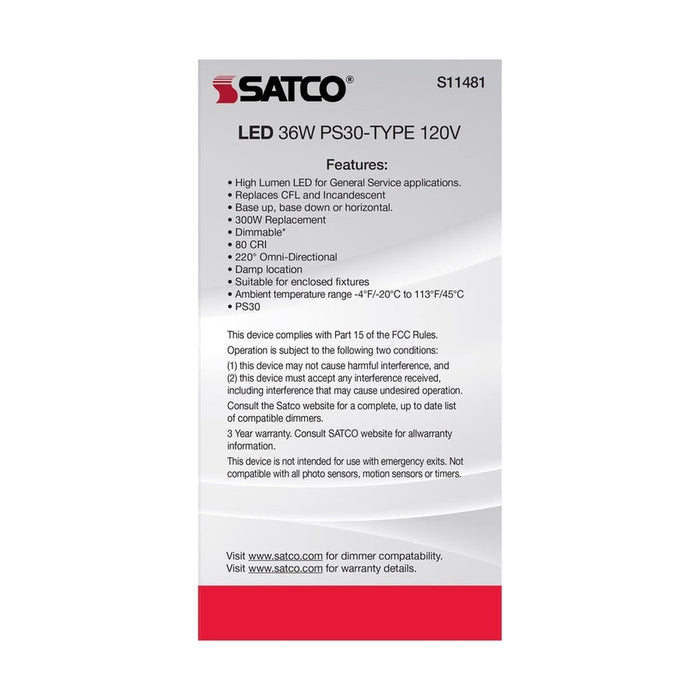 SATCO Ultra Bright Utility Lamp - 36 Watt - PS30 LED - Dimmable - White Finish - Medium Base - 4000K - 120 Volt - High Lumen S11481