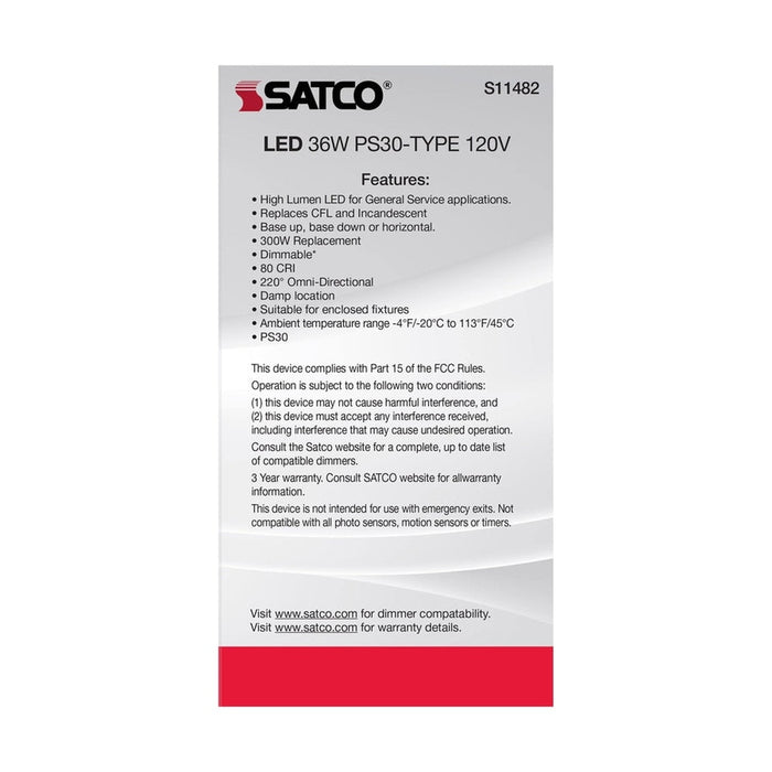 SATCO Ultra Bright Utility Lamp - 36 Watt - PS30 LED - Dimmable - White Finish - Medium Base - 5000K - 120 Volt - High Lumen S11482