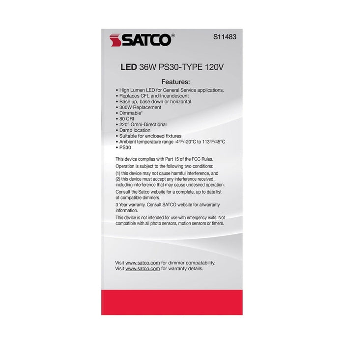 SATCO Ultra Bright Utility Lamp - 36 Watt - PS30 LED - Dimmable - White Finish - Mogul Base - 2700K - 120 Volt - High Lumen S11483