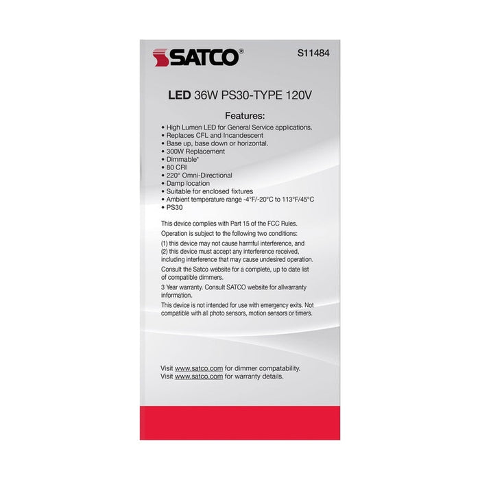 SATCO Ultra Bright Utility Lamp - 36 Watt - PS30 LED - Dimmable - White Finish - Mogul Base - 4000K - 120 Volt - High Lumen S11484