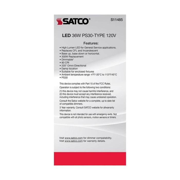 SATCO Ultra Bright Utility Lamp - 36 Watt - PS30 LED - Dimmable - White Finish - Mogul Base - 5000K - 120 Volt - High Lumen S11485