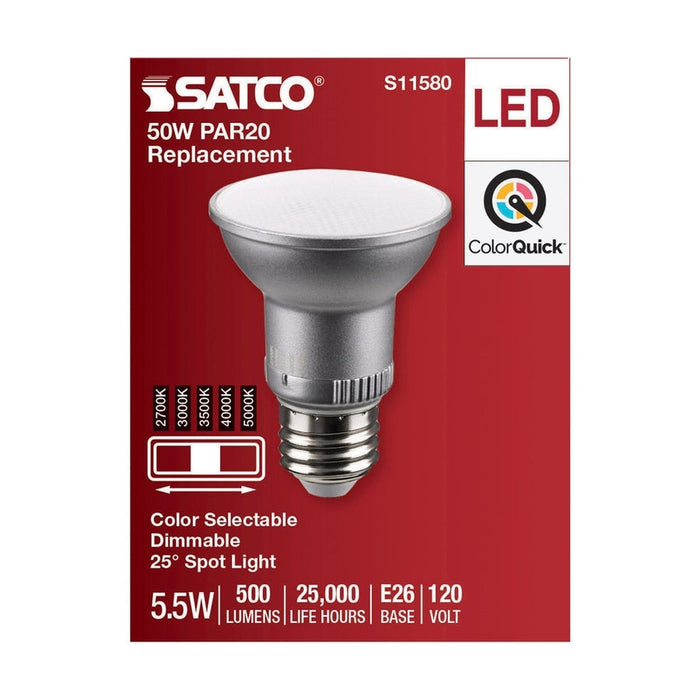 SATCO 5.5 Watt PAR20 LED - Medium Base - Silver Finish - CCT Selectable - 120 Volt - 25 Degree Beam Angle S11580