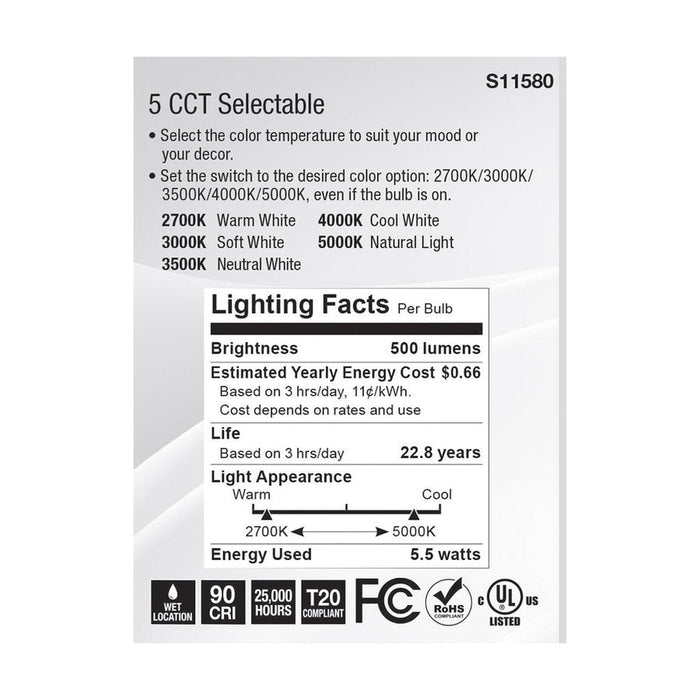 SATCO 5.5 Watt PAR20 LED - Medium Base - Silver Finish - CCT Selectable - 120 Volt - 25 Degree Beam Angle S11580