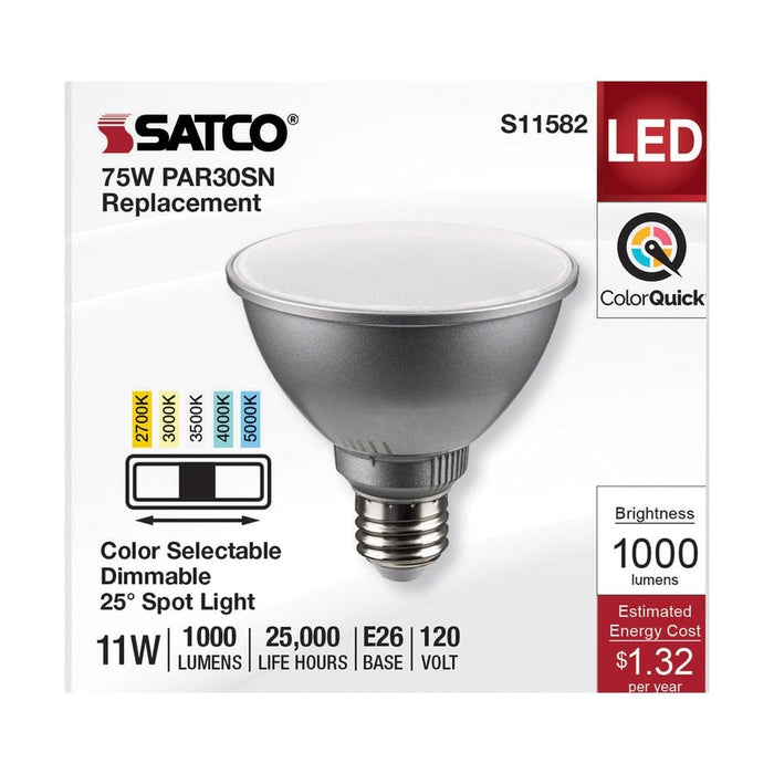 SATCO 11 Watt PAR30SN LED - Medium Base - Silver Finish - CCT Selectable - 120 Volt - 25 Degree Beam Angle S11582