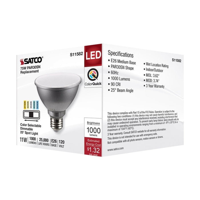 SATCO 11 Watt PAR30SN LED - Medium Base - Silver Finish - CCT Selectable - 120 Volt - 25 Degree Beam Angle S11582