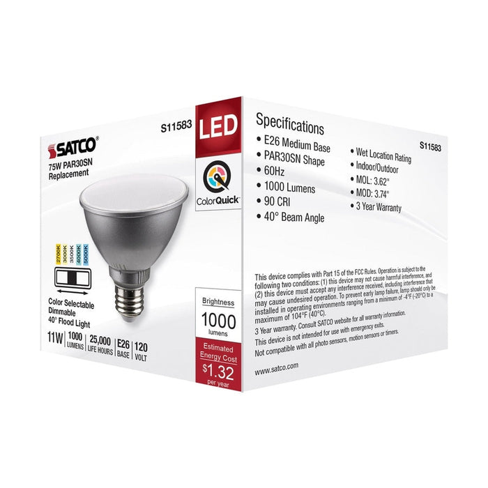 SATCO 11 Watt PAR30SN LED - Medium Base - Silver Finish - CCT Selectable - 120 Volt - 40 Degree Beam Angle S11583