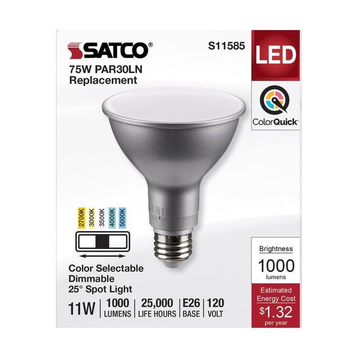 11 Watt PAR30LN LED - Medium Base - Silver Finish - CCT Selectable - 120 Volt - 25 Degree Beam Angle -  6 Pack