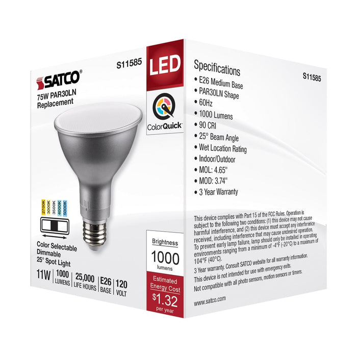 11 Watt PAR30LN LED - Medium Base - Silver Finish - CCT Selectable - 120 Volt - 25 Degree Beam Angle -  6 Pack