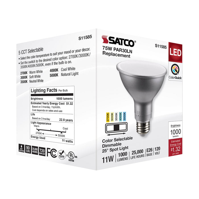 11 Watt PAR30LN LED - Medium Base - Silver Finish - CCT Selectable - 120 Volt - 25 Degree Beam Angle -  6 Pack