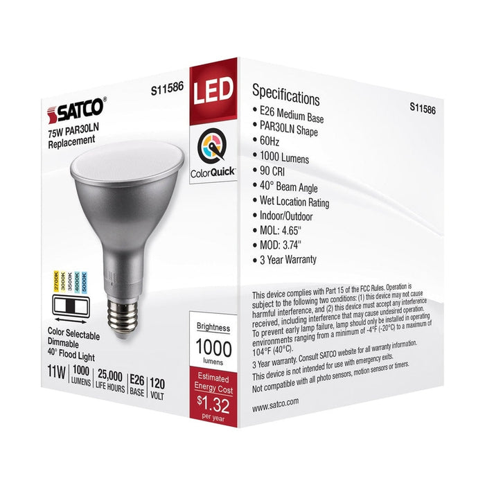 SATCO 11 Watt PAR30LN LED - Medium Base - Silver Finish - CCT Selectable - 120 Volt - 40 Degree Beam Angle S11586