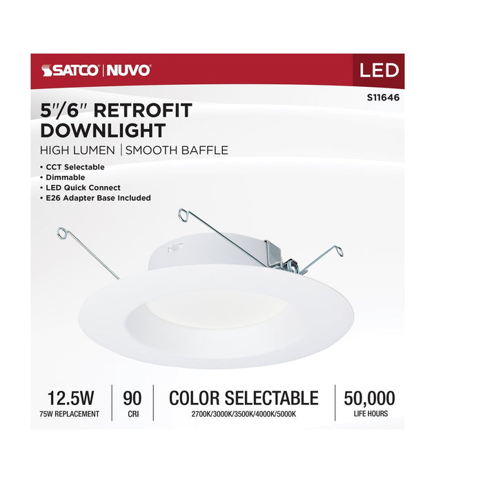 12.5 Watt LED High Lumen Downlight Retrofit - 5-6 Inch - 27K/30K/35K/40K/50K CCT Selectable - 120 Volts - Dimmable