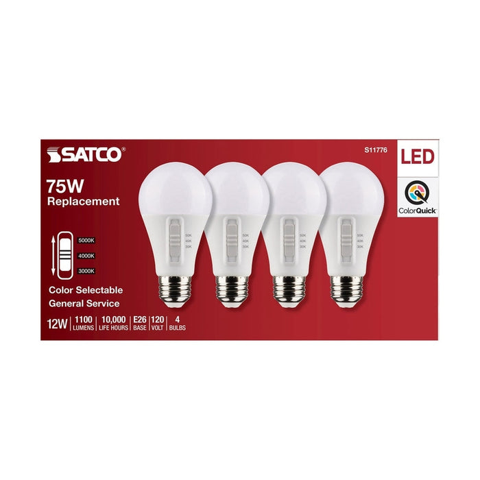 SATCO 12 Watt A19 LED - Medium Base - CCT Selectable - White Finish - 90 CRI - 120 Volt - 4 Pack S11776