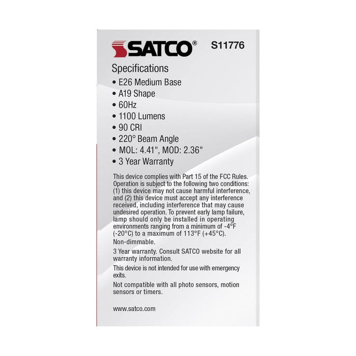 SATCO 12 Watt A19 LED - Medium Base - CCT Selectable - White Finish - 90 CRI - 120 Volt - 4 Pack S11776