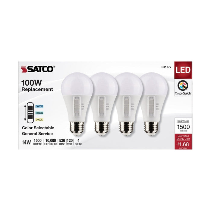 SATCO 14 Watt A19 LED - Medium Base - CCT Selectable - White Finish - 90 CRI - 120 Volt - 4 Pack S11777