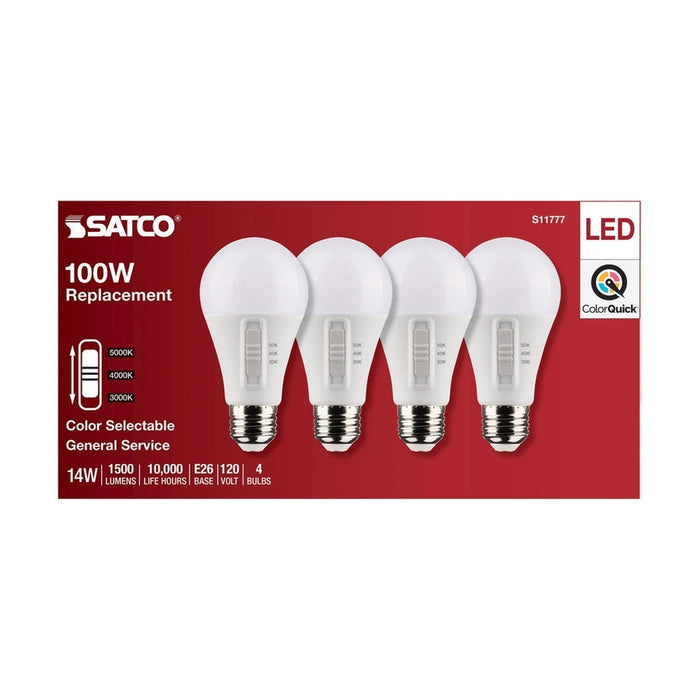 SATCO 14 Watt A19 LED - Medium Base - CCT Selectable - White Finish - 90 CRI - 120 Volt - 4 Pack S11777