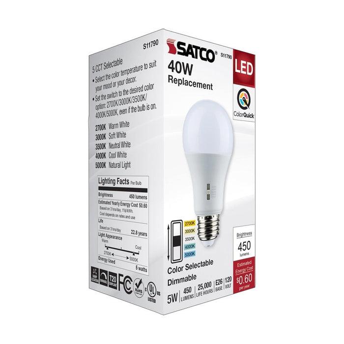 SATCO 5 Watt A19 LED - Medium Base - CCT Selectable - 120 Volt - White Finish S11790